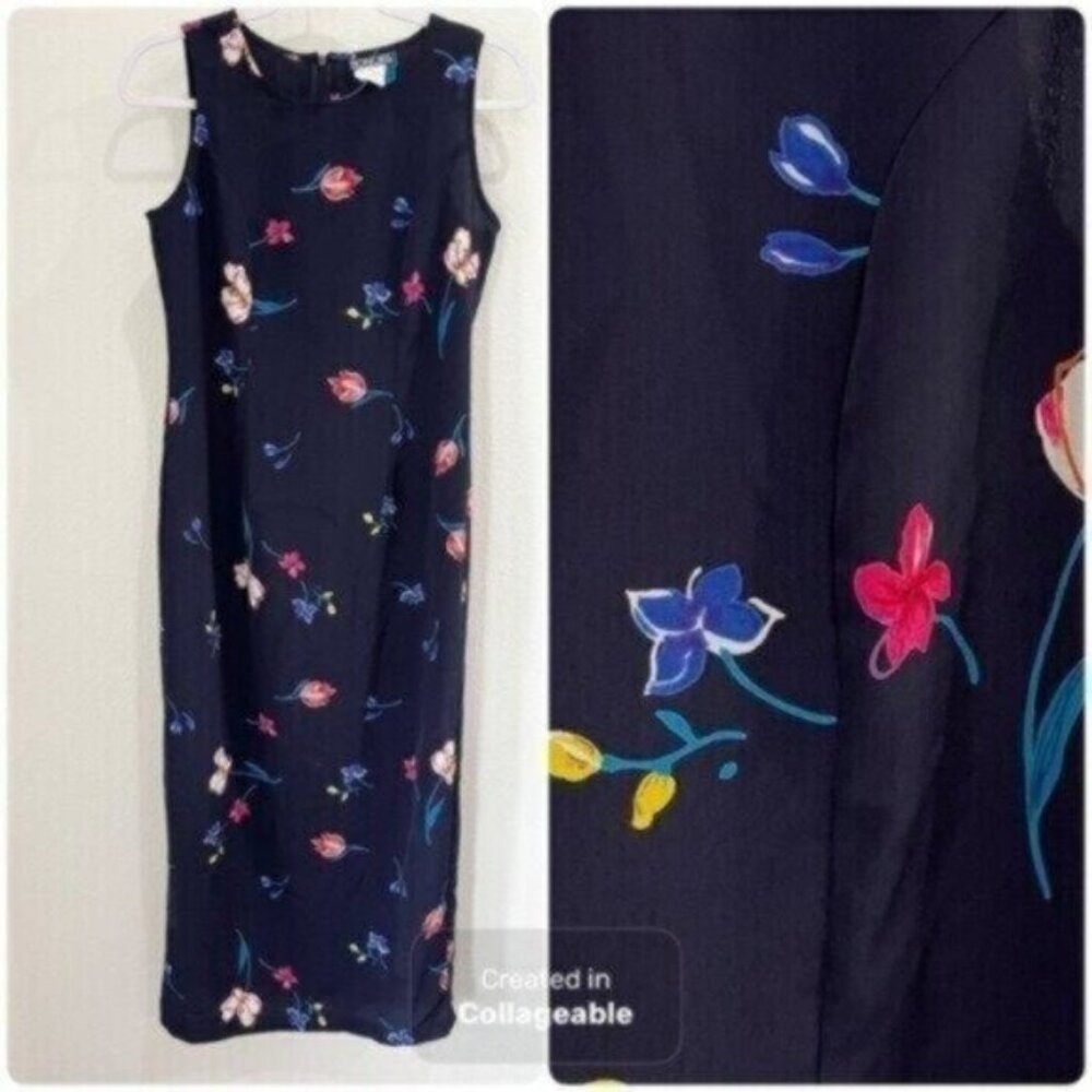 Vintage Navy Maxi Dress with Multicolor Floral Print